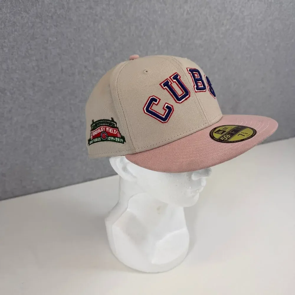 New Era 59FIFTY Chicago Cubs Hat 7 5/8 Tan Pink Cooperstown Wrigley Field 100 Yr